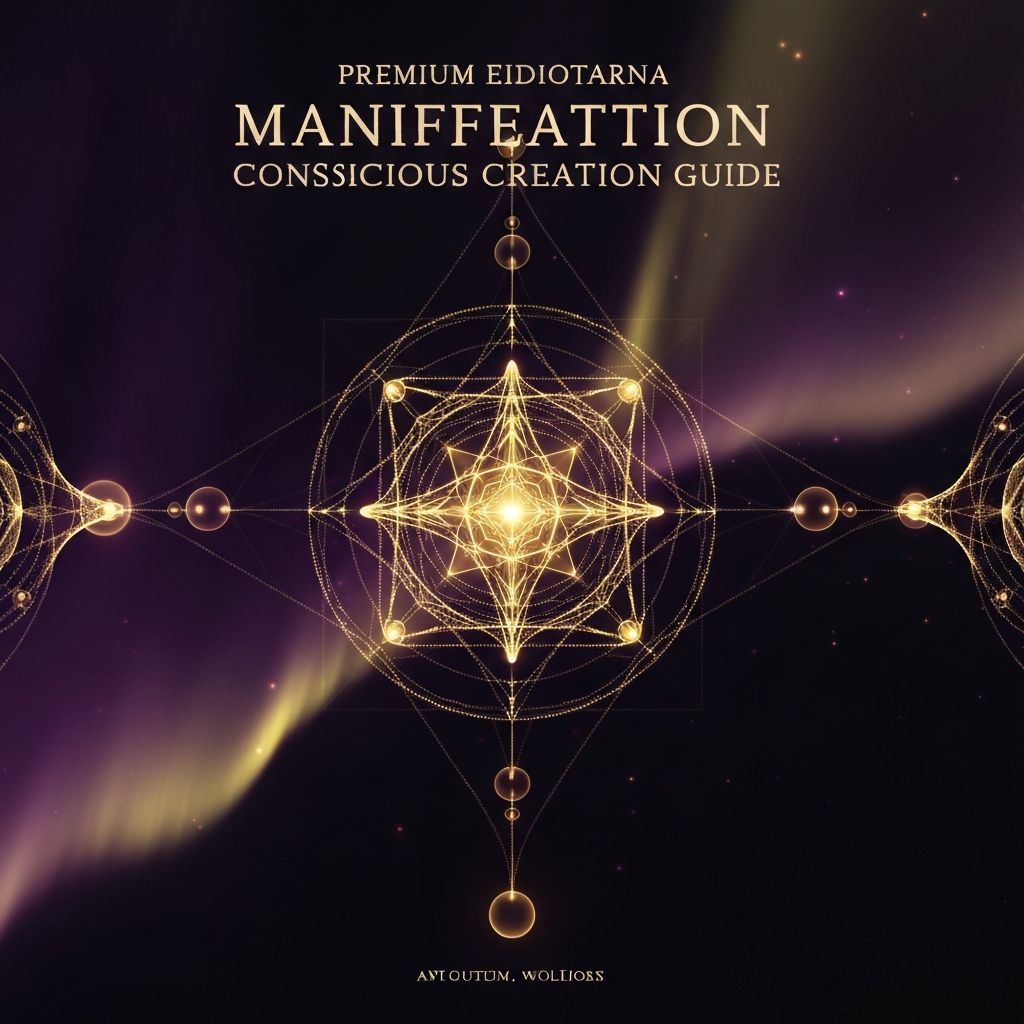 Abstract luminous energy field visualization with golden light particles forming sacred geometric patterns against cosmic purple-black background