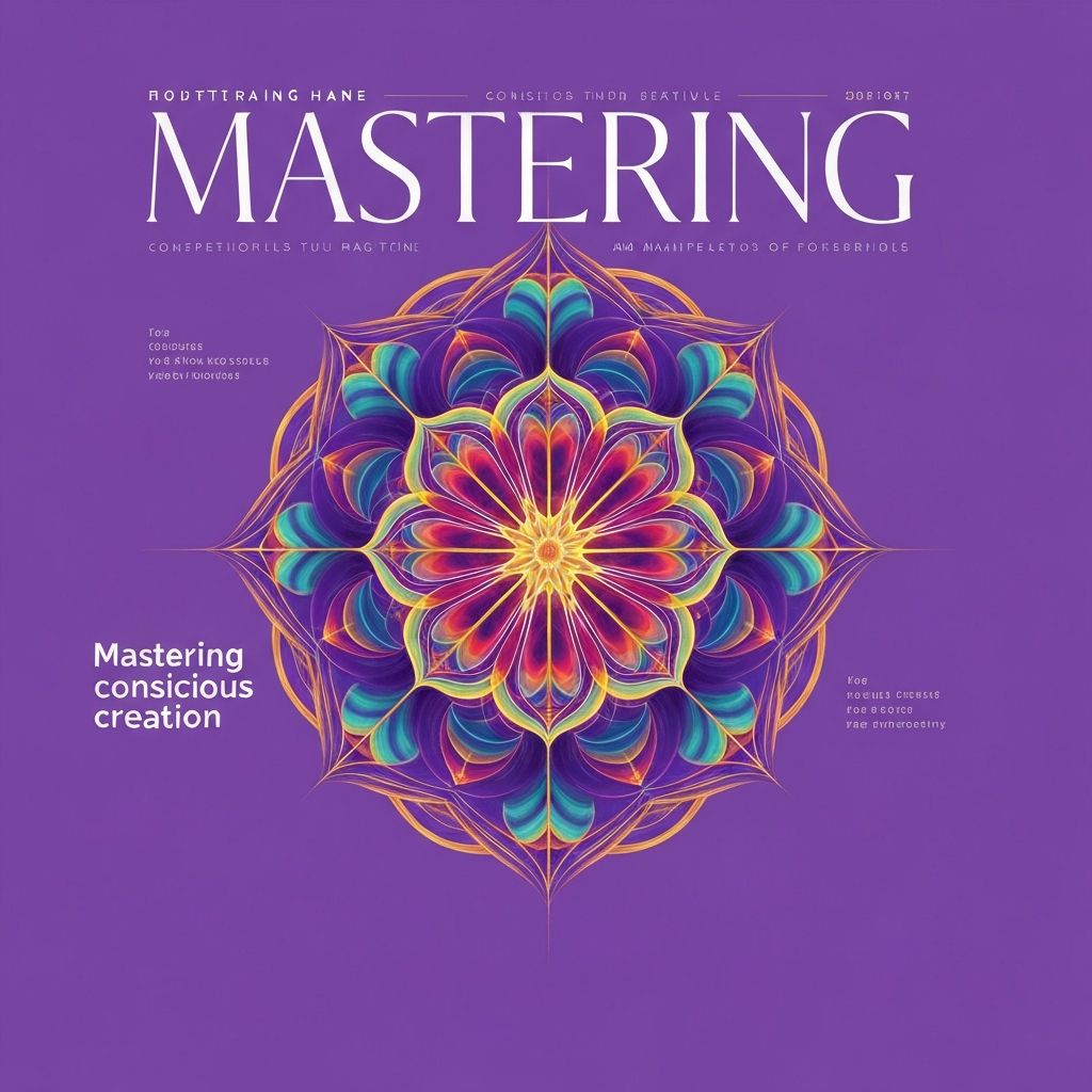 Abstract visualization of intention becoming reality with luminous thought forms crystallizing into geometric shapes against rich purple-gold cosmic background