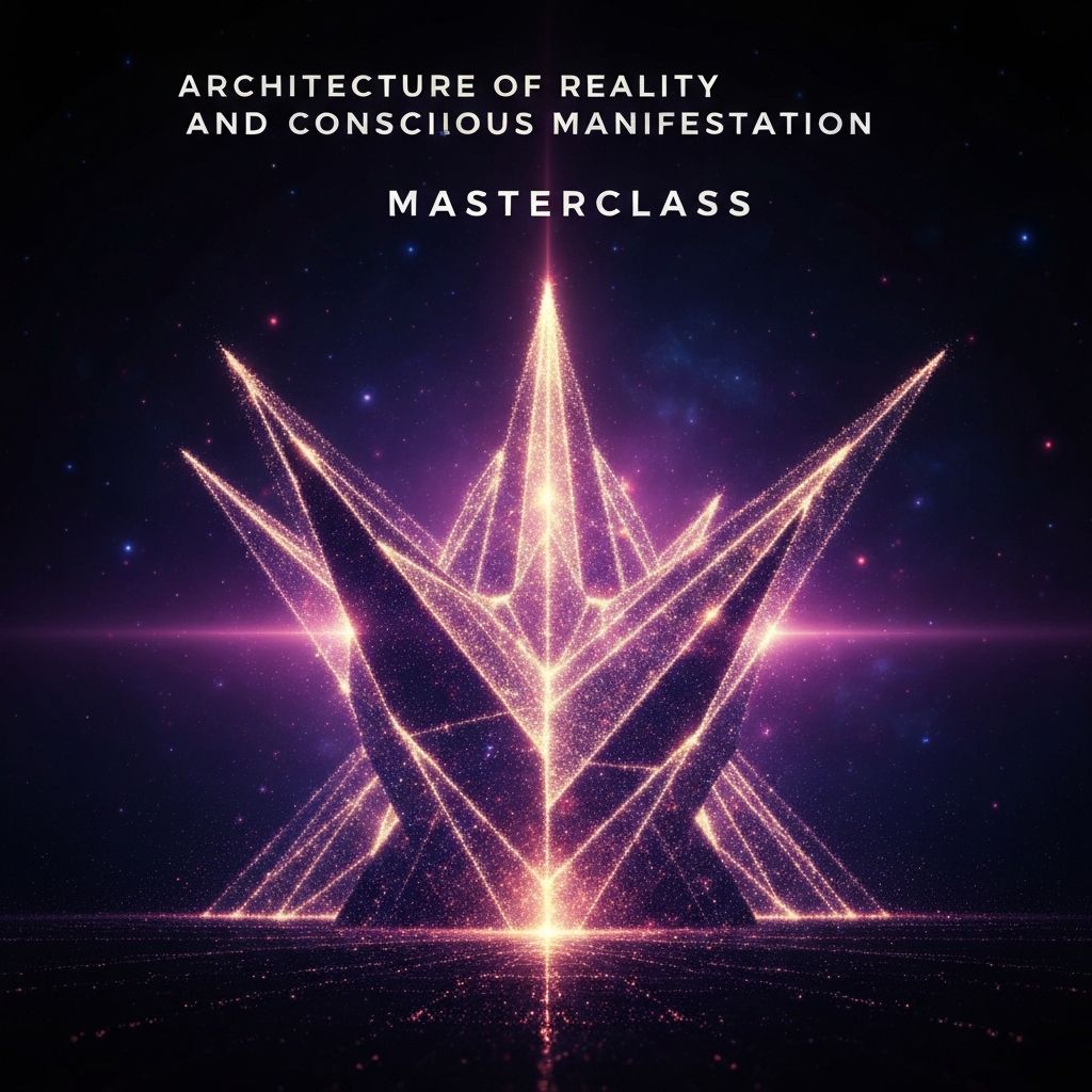 Stunning visualization of reality construction with elegant geometric structures being built from pure consciousness energy against rich violet and gold cosmic background