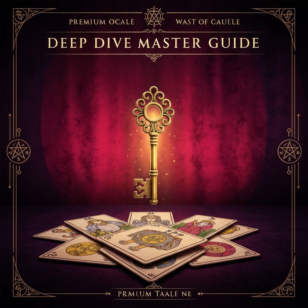Ancient ornate golden key floating above mystical tarot cards with rich deep crimson and midnight purple velvet-like background and arcane patterns