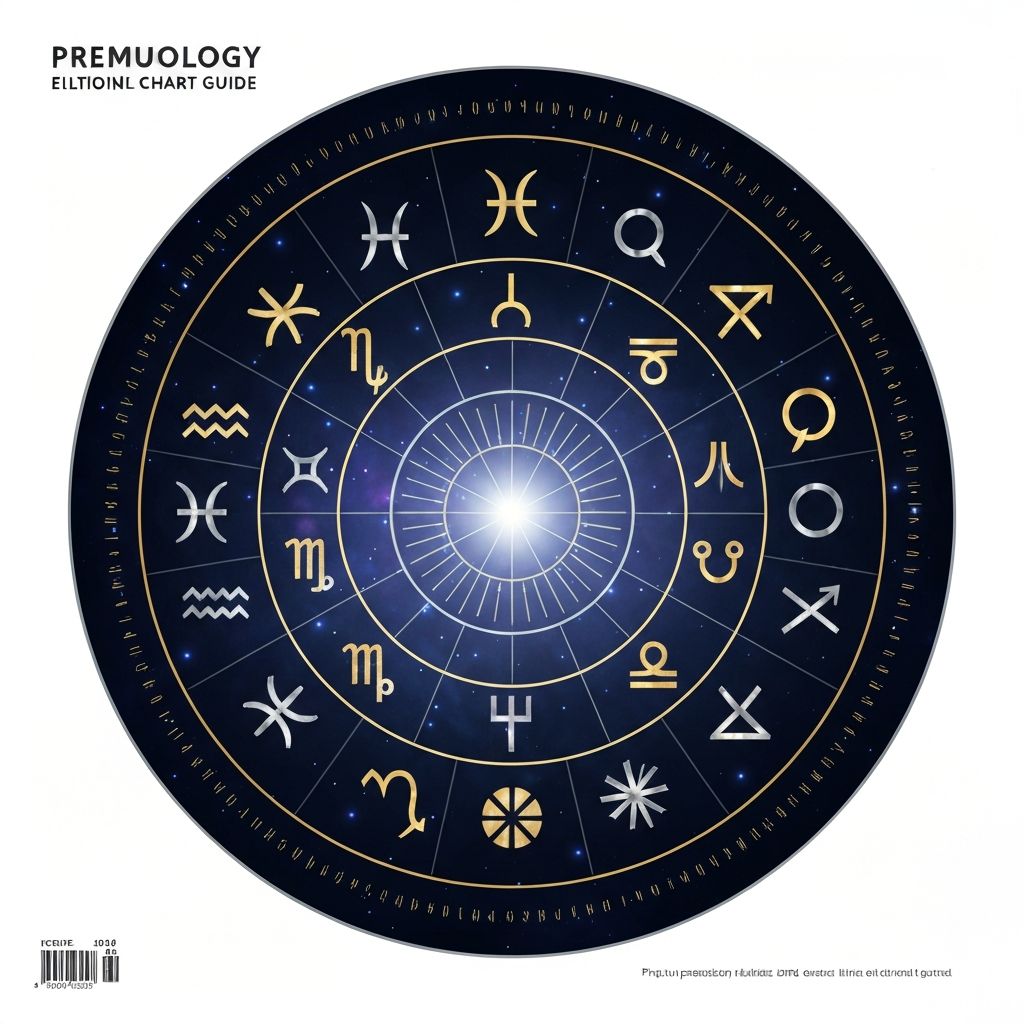 Elegant celestial natal chart wheel diagram with zodiac symbols in luminous gold and silver against a deep cosmic midnight blue background